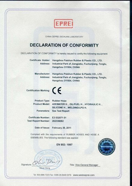 Китай Hangzhou Paishun Rubber &amp; Plastic Co., Ltd Сертификаты